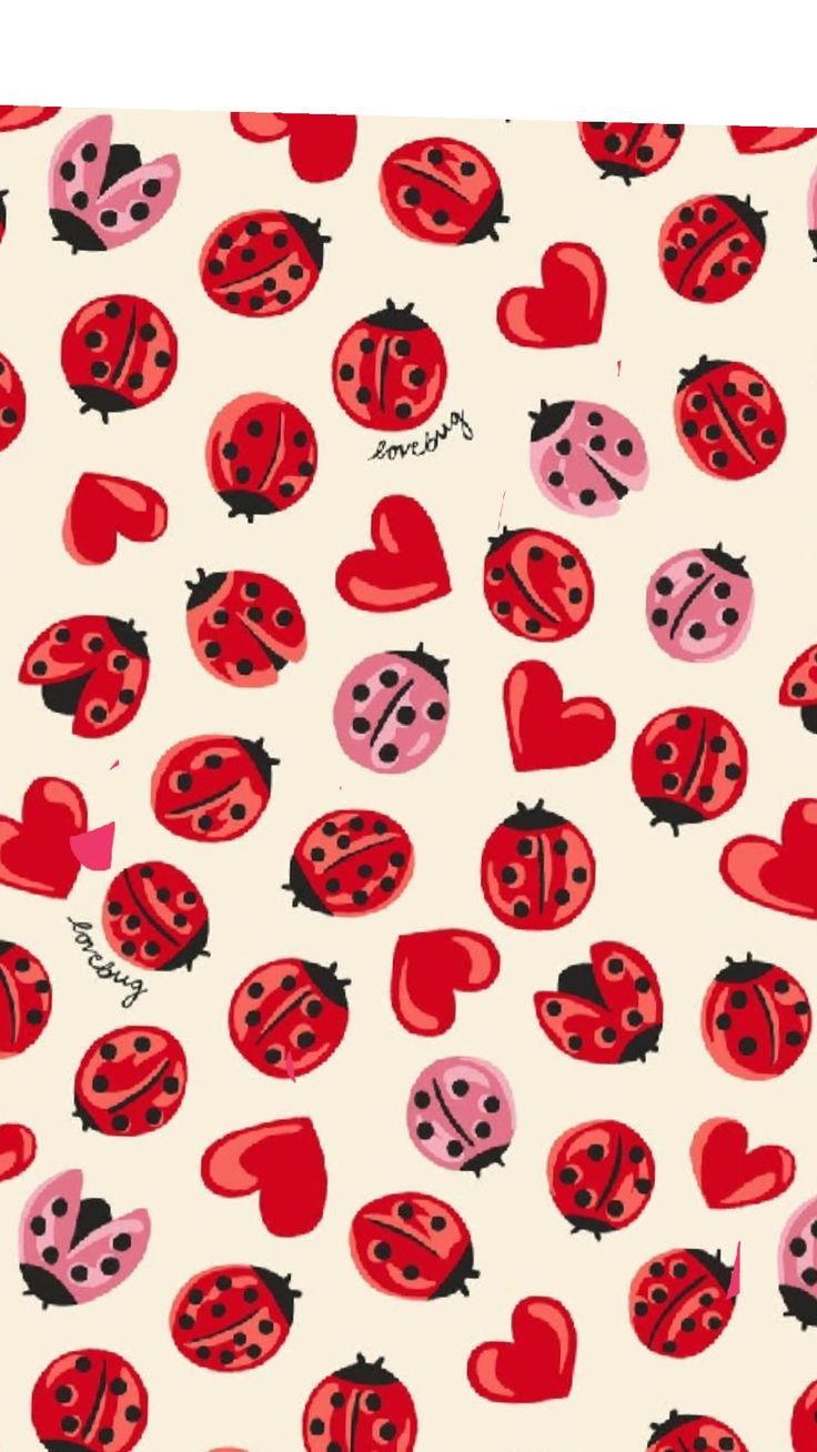 ladybugs and hearts on a white background with red accents, all over the surface