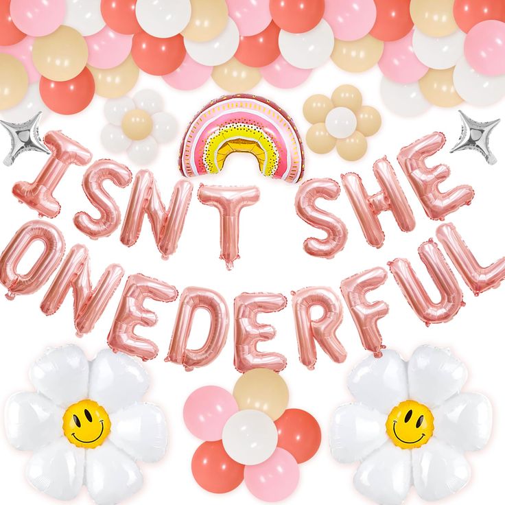 it's isn't she onederful balloon letters with balloons and flowers