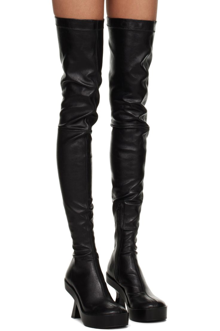 Black Leather Over-The-Knee Boots by Versace on Sale Black Leather Over-the-knee Heeled Boots, Modern Over-the-knee Leather Boots, Modern Leather Thigh High Heeled Boots, Modern Thigh High Leather Heeled Boots, Modern Thigh-high Leather Heeled Boots, Black Over-the-knee Calf Leather Boots, Black Leather Over-the-knee Platform Boots, Calf Leather Over The Knee Boots, Black Over-the-knee Leather Platform Boots