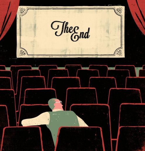 an illustration of a man sitting in front of a movie screen with the words thee end on it