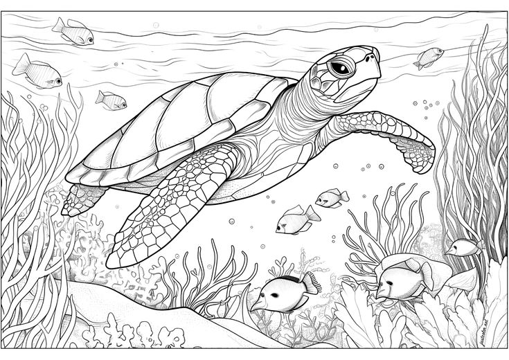 a sea turtle swimming in the ocean surrounded by corals and other marine life, with fish