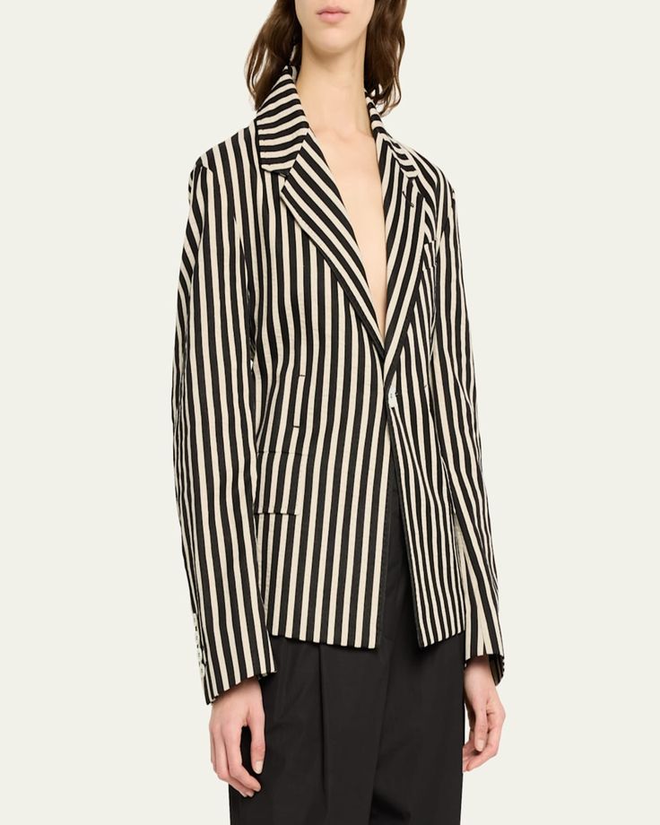 SETCHU stripe travel jacket 2    Notch lapels; onebutton front    Long sleeves    Chest welt pocket; hip flap pockets    Cutaway hem    Linen/cotton    Made in Italy Striped Blazer With Pockets For Fall, Striped Blazer With Notch Lapel And Welt Pockets, Striped Blazer With Lapel Collar For Business, Striped Blazer With Pockets And Lapel Collar, Striped Outerwear With Pockets For Office, Striped Business Casual Blazer With Pockets, Striped Blazer With Pockets For Business Casual, Classic Striped Outerwear With Welt Pockets, Classic Striped Outerwear With Suit Collar