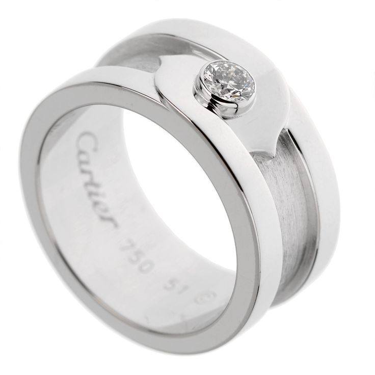 Cartier C de Cartier Vintage White Gold Diamond Solitaire Ring 1cr80-0 Cartier Vintage, Cartier Diamond, Couple Band, Round Diamond Setting, Diamond Solitaire Ring, Cartier Jewelry, Men Diamond Ring, Modern Ring, White Gold Band