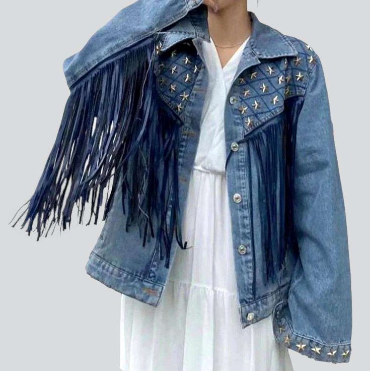 Fringe embellished color denim jacket online—excellent women's denim jacket from the 2023 Spring-Summer Collection. Every day. edgy style makes you feel more at ease. Yes. urban style can make you feel more at ease every day. You don't have to be a fashion expert to locate items complimenting your style and make you feel great. The purpose of urban-trend is to choose comfortable and stylish garments. It's all about developing looks that you enjoy and are proud of.Embellished denim is a timeless Edgy Cotton Denim Jacket For Spring, Summer Cotton Fringe Outerwear, Spring Festival Denim Jacket With Fringe, Festival Denim Fringe Outerwear, Fall Festival Denim Jacket With Fringe, Fringe Denim Jacket For Fall Festival, Spring Cotton Denim Jacket With Fringe, Spring Denim Jacket With Fringe In Cotton, Fall Festival Fringe Denim Jacket