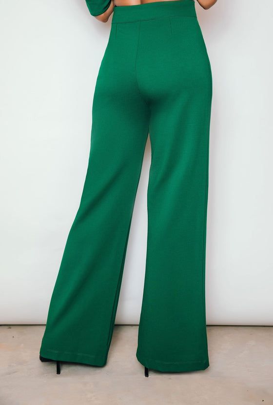 Chic Green Full Length Bottoms, Chic Full Length Green Bottoms, Green Full Length Workwear Bottoms, Green Solid Wide-leg Pants, Chic Green Straight Leg Bottoms, Green High-waist Fall Dress Pants, Green High-waist Dress Pants For Fall, Green Solid Color Bottoms For Work, High-waist Green Dress Pants For Fall