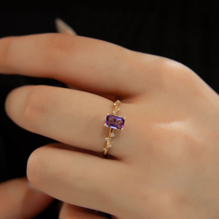 Minimalist Diamond Amethyst Solitaire Ring! Minimalist rings are loved by women. You won't want to fall in love with another ring like this one! That's because you won't want to take this ring off your finger and wear another ring. Now the beautiful sparkles are with you. All items in our store are 100 % handmade products. Don't forget to add the store to your favorites to be informed about discounts. We recommend that you remove your jewelry before doing any activity that may be considered abra Purple Birthstone Ring With Gemstone Accents As Gift, Purple Amethyst Ring Fine Jewelry For Gift, Purple Amethyst Ring Gift, Fine Jewelry Style, Purple Amethyst Ring Fine Jewelry Gift, Gold Amethyst Ring With Emerald Cut, Birthstone, Gold Emerald Cut Amethyst Birthstone Ring, 14k Gold Purple Ring Jewelry, Gold Amethyst Ring In Dainty Style, Gold Dainty Amethyst Ring