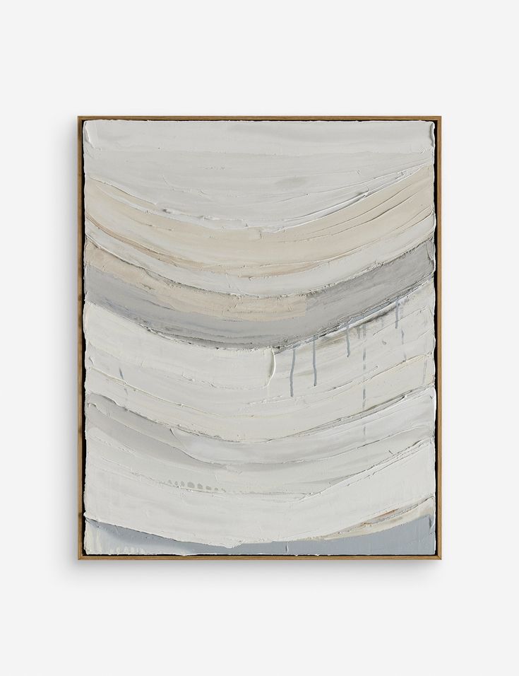 an abstract painting with grey and white stripes on the bottom, in a wooden frame