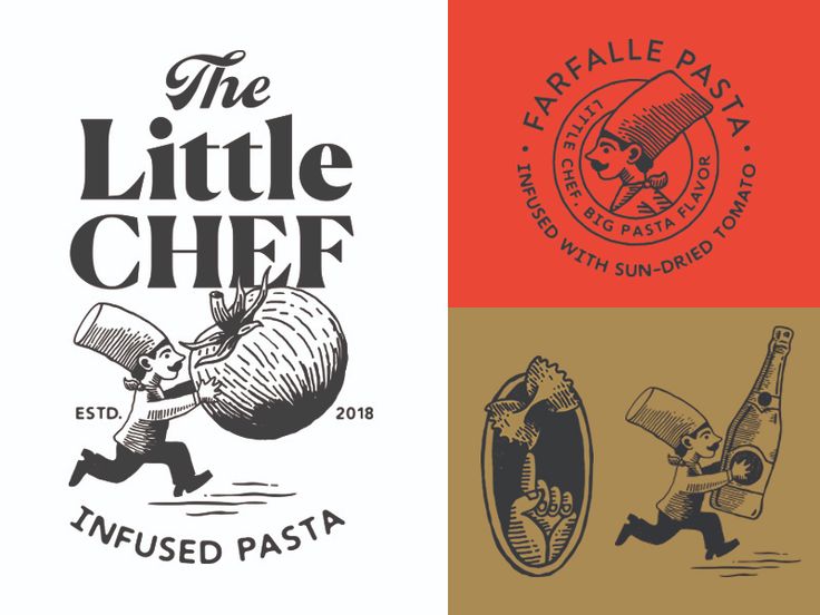 the little chef logo is shown in three different colors and font styles, with an image of a man carrying a sack