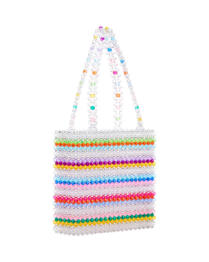 Our best selling multi-colored stripe beaded bag featuring double strap handles. This bag is made by hand! Please allow up to 3 weeks from the order date for your item to ship! Trendy Double Handle Box Bag For Gift, Trendy Double Handle Box Bag Gift, Gift Tote Bag With Pearl Handle, Pearl Handle Tote Bag For Gift, Luxury Everyday Gift Bag, Trendy Shoulder Bag With Pearl Handle As Gift, Square Bucket Bag With Dust Bag As Gift, Trendy Rectangular Bucket Bag For Gift, Gift Satchel With Double Handle And Dust Bag