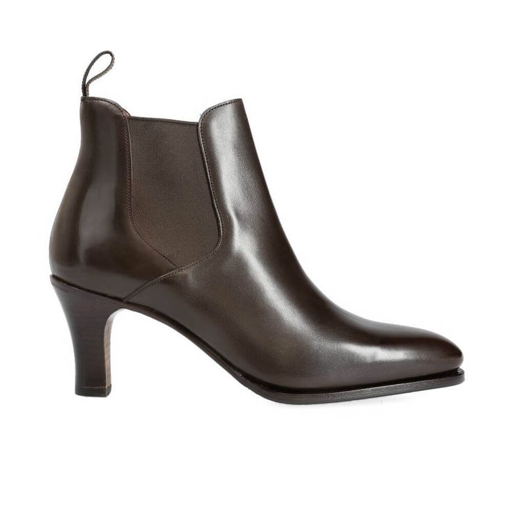 HEELED CHELSEA BOOTS WOMEN IN BROWN VITELLO Classic Ankle Boots With Heel Pull Tab, Classic Heeled Boots For Work With Heel Pull Tab, Office Boots With Goodyear Welt And Almond Toe, Office Goodyear Welted Pointed Toe Boots, Office Boots With Pointed Toe And Goodyear Welt, Classic Formal Heeled Boots With Heel Pull Tab, Classic Calf Leather Heeled Boots With Heel Pull Tab, Elegant Chelsea Boots With Heel Pull Tab For Work, Elegant Boots With Heel Pull Tab And Almond Toe