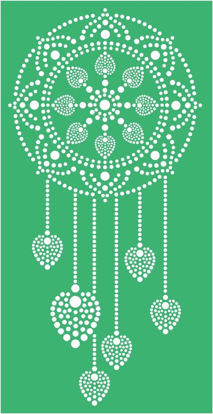 a green and white drawing of a flower with beads hanging from it's center