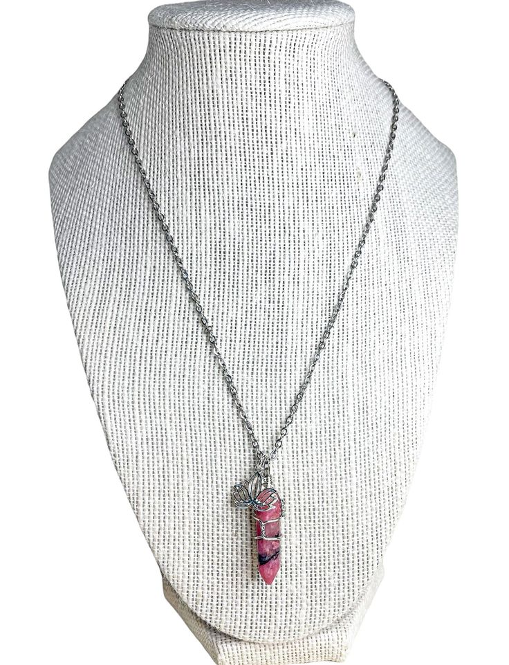 Authentic Rhodonite Crystal Necklace With Lotus Flower Charm - Etsy Spiritual Pink Charm Necklace For Gift, Pink Spiritual Charm Necklace For Gift, Spiritual Pink Charm Necklace As Gift, Pink Gemstone Beads Crystal Necklace Gift, Pink Spiritual Pendant Crystal Necklace, Spiritual Pink Pendant Crystal Necklace, Spiritual Nickel-free Pink Jewelry, Pink Wire Wrapped Crystal Pendant Necklace, Pink Pendant Crystal Necklace With Natural Stones