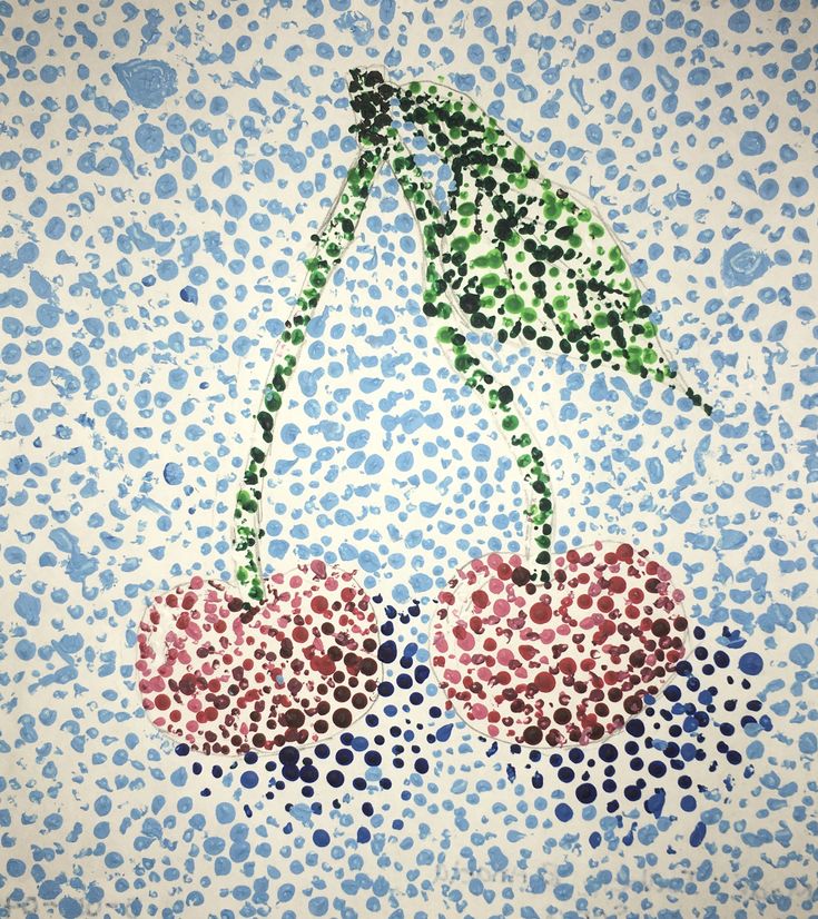 two cherries in the rain with an umbrella above them on a blue and white background