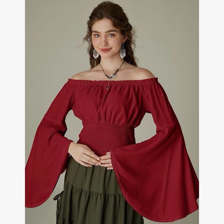 Scarlet Darkness Women Bell Sleeve Smocked Top Off The Shoulder. Renaissance Pirate Shirt Boho Peasant Blouse Tops. Size Large With Stretch: Bust: 37.5-40.5”, Waist: 30.5-34.5”, Sleeve Length 27.6” 62% Viscose, 38% Polyester Machine Wash Imported This Well-Made Renaissance Shirt Can Be Wared As Off The Shoulder Top Or As Crew Neck Top, Outfitted With Long Bell Sleeves With Delicate Lace Trim And Smocked Waist This Women Bell Sleeve Top Is Perfect For Renaissance Faire, Historical Reenactment, Ha Bohemian Peasant Top With Billowy Lantern Sleeves, Bohemian Tops With Bishop Sleeves And Smocked Cuffs, Bohemian Tops With Smocked Cuffs And Bishop Sleeves, Bohemian Billowy Peasant Top With Lantern Sleeves, Summer Peasant Top With Smocked Cuffs, Bohemian Tops With Lantern Elastic Sleeves, Bohemian Tops With Lantern Sleeves, Bohemian Peasant Top With Smocked Cuffs For Fall, Billowy Smocked Bodice Peasant Dress