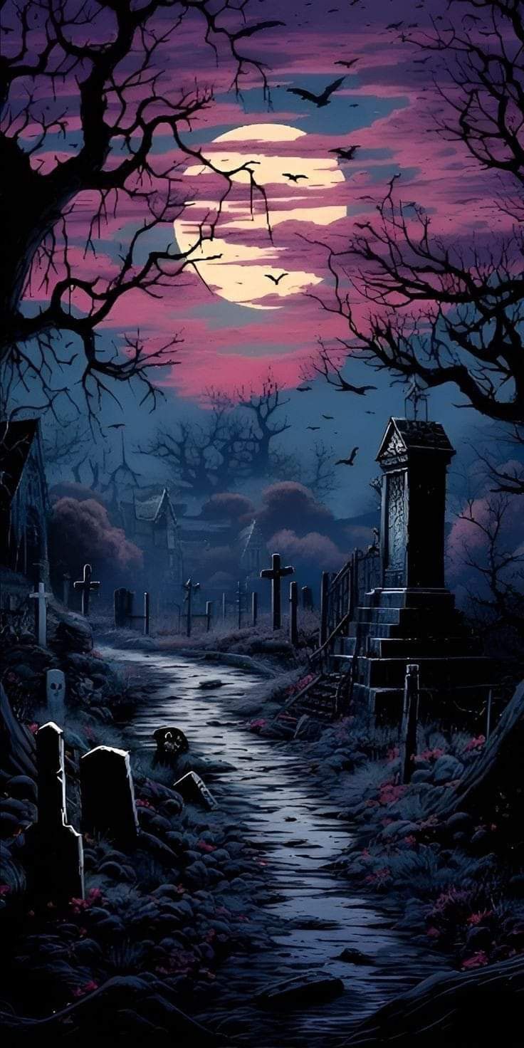 a painting of a creepy graveyard at night