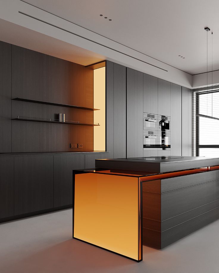 a modern kitchen with an orange counter top