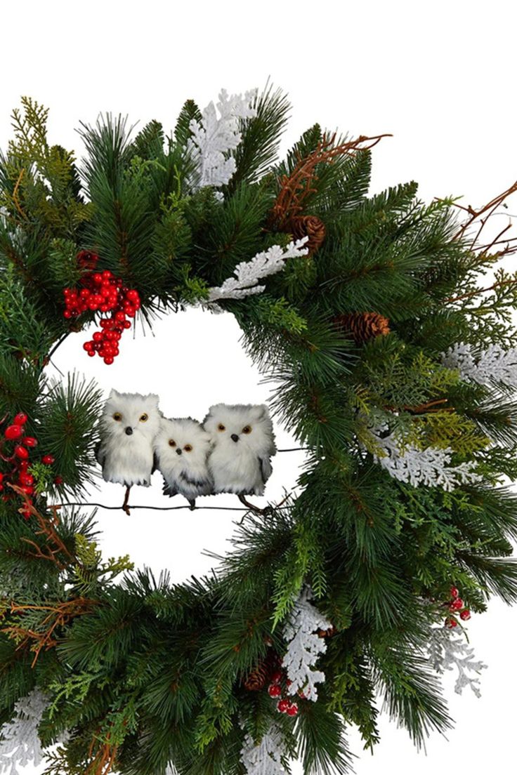 two small white dogs sitting on top of a christmas wreath