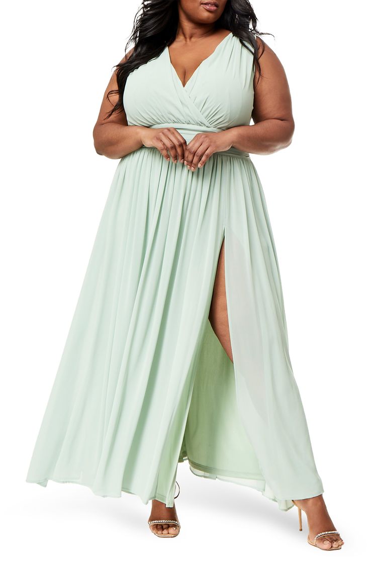 A flowy skirt and pleated bodice add graceful charm to this sleeveless maxi dress with an alluring V-neck. 60'' length (size 2X) V-neck Sleeveless Back zip closure 100% polyester shell/lining Machine wash Imported Model stats: 5'10" height, 41" bust, 36" waist, 48" hip. Model is wearing size 2X. Flowy A-line Maxi Dress For Prom, Bridesmaid Pleated Floor-length Maxi Dress, Flowy V-neck Maxi Dress With Pleated Bodice, Sleeveless Pleated Maxi Dress For Bridesmaid, Chiffon A-line Maxi Dress With Pleated Bodice, Chiffon Maxi Dress With Pleated Back, Sleeveless Maxi Dress With Pleated Back For Bridesmaids, Sleeveless Maxi Dress With Pleated Back For Prom, Sleeveless Pleated Flowy Maxi Dress