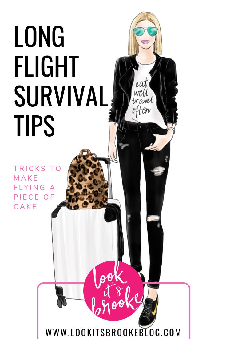 a woman standing next to a suitcase with the words long flight survival tips on it