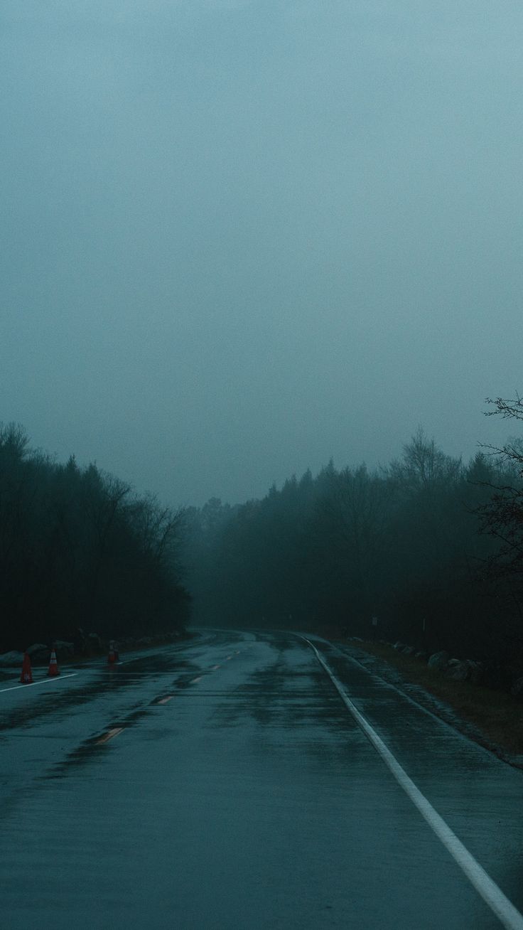 an empty road in the rain with trees on both sides