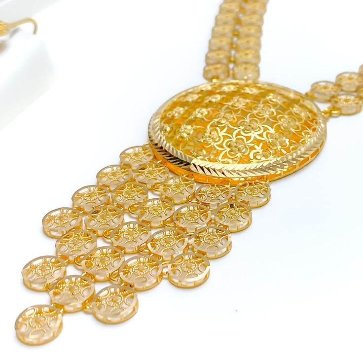 Radiant Round Jali 5-Piece 21k Gold Long Necklace Set Jali Necklace Design, Gold Jewelry For Eid Celebration, Gold Hand Set Long Bridal Necklace, Gold Bridal Necklace Hand Set, Gold Long Temple Necklace With Intricate Design, Gold Long Bridal Necklace Hand Set, Gold Necklaces Hand Set For Eid, Gold Temple Necklace With Intricate Design, Gold Jewelry For Eid Formal Occasion