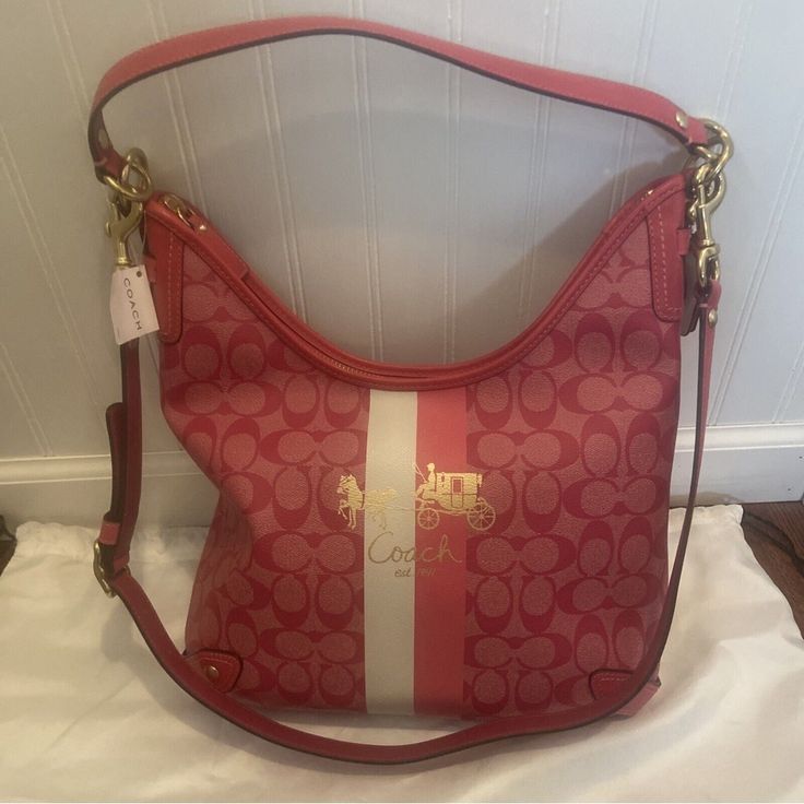 For The Pink Lovers! This Gorgeous And Practical Coach Signature Bag Is Nwt And Comes With A Long Crossbody Strap. Elevate Your Style With This Stunning Coach 13193 Heritage Stripe Signature Convertible Magenta Canvas Hobo Bag. This Bag Is Perfect For Women Who Want To Add A Touch Of Sophistication To Their Wardrobe. The Bag Features A Striped Pattern With A Magenta Hue, Which Makes It Stand Out From The Rest. The Exterior Material Is Made From Quality Leather, Which Ensures Durability And Longe Luxury Pink Rectangular Hobo Bag, Luxury Pink Top Handle Hobo Bag, Pink Luxury Hobo Bag, Luxury Pink Hobo Bag For Daily Use, Designer Pink Shoulder Bag For Travel, Pink Shoulder Bag With Detachable Strap For Travel, Designer Pink Bags For Everyday Use, Designer Pink Bag For Everyday, Designer Pink Everyday Bag