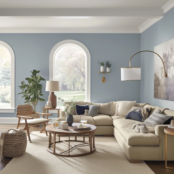 a living room with blue walls and furniture in the center, along with large arched windows