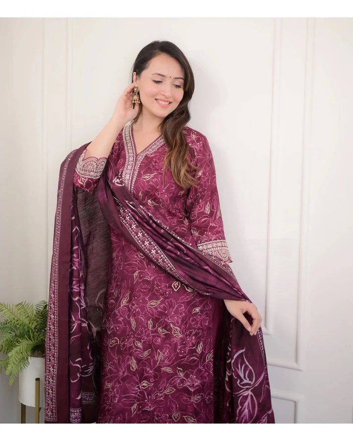 Grab this beautiful 3-piece set. The set comes with printed & embroidered kurta has v neck; 3/4th sleeves & calf length teamed with matching trouser pant and a chanderi cotton dupatta. The entire set has beautiful lace detailing. Color - Burgundy Kurta Fabric-Viscose Pant Fabric-Viscose Dupatta Fabric - Chanderi Cotton Neck-V Neck Sleeves-3/4th Sleeves Work - Print & Embroidery Detailing Washing Instructions-Dry Clean Model Height - 5.5 wearing size small. DISCLAIMER - The color of the product may be differ due to screen settings of device. A misprint here and a color drop slip there is the beauty of printing which is not treated as a defect. Formal Jewelry, Print Embroidery, Embroidery Detailing, Cotton Dupatta, Churidar, Suit Set, Fabric Shop, Embroidery Details, Formal Wedding