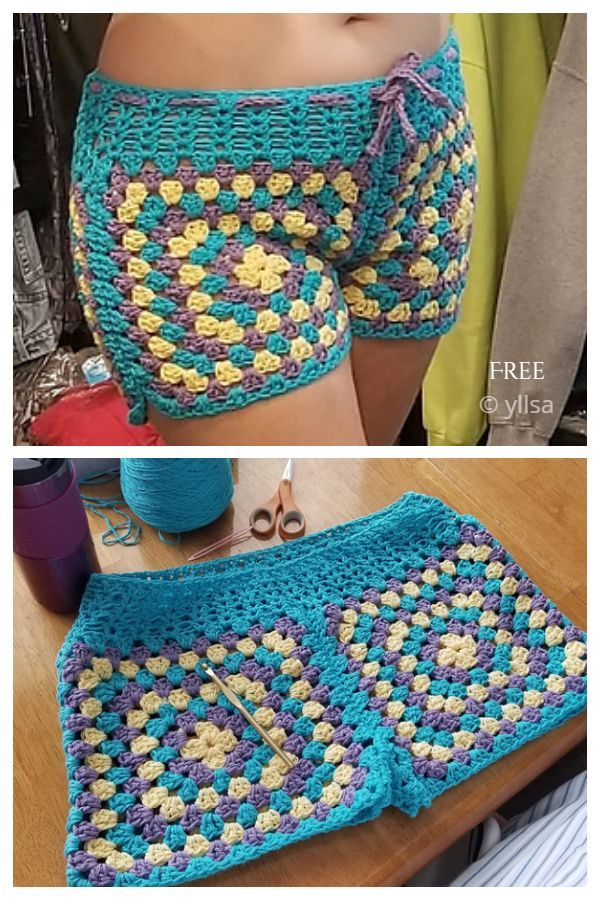 crocheted shorts with different colors and patterns on the bottom, one is blue and yellow