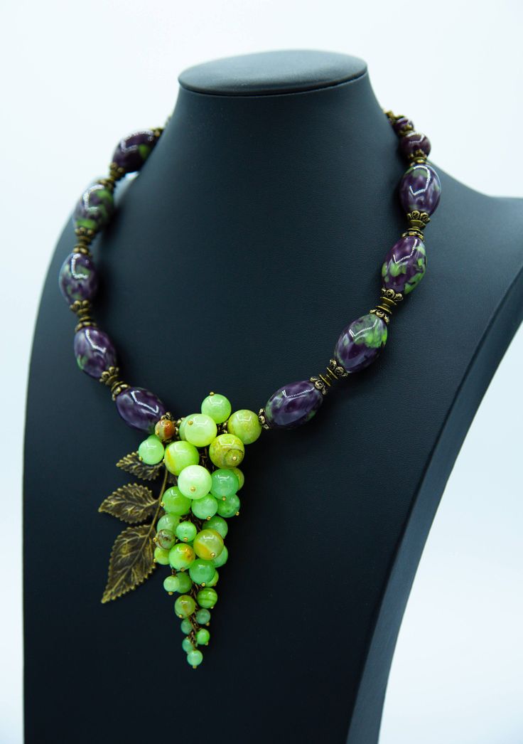 Beautiful Italian Green Onyx beads sculpted into bunch of grapes  statement necklace  Big Ceramic beads bronze grape brunch on memory wire necklace - make yourself noticable length can be adjustable upon request Italian Necklace, Green Onyx Stone, Bold Statement Necklaces, Necklace Big, Grape Bunch, Inspired Necklace, Wire Necklace, Onyx Bead, Memory Wire