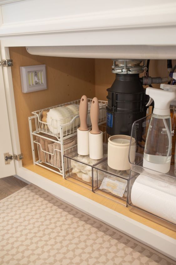 an open cabinet with various kitchen items in it