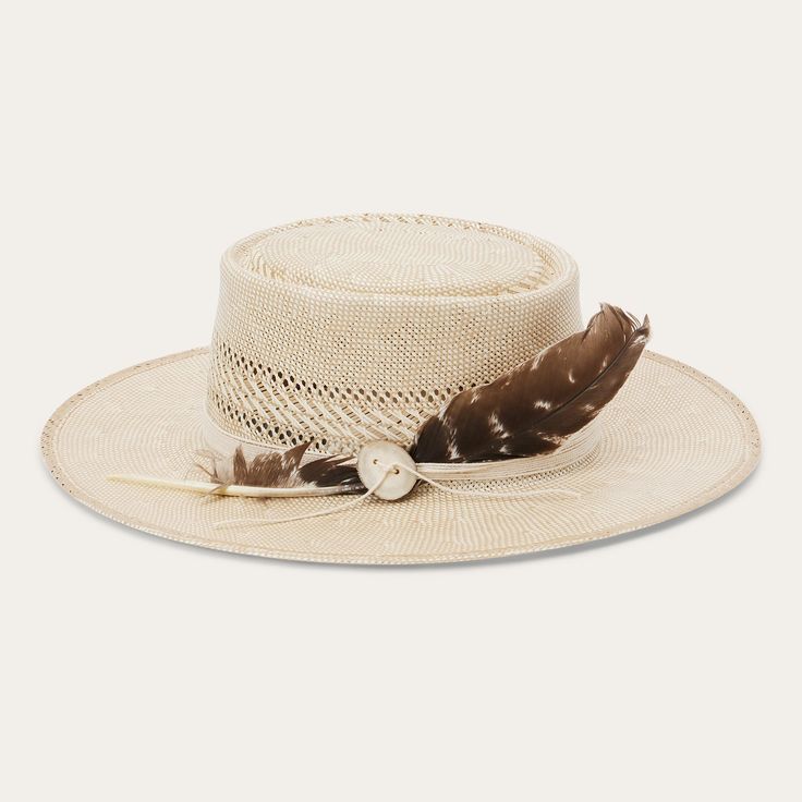 The Batterson Straw Hat is crafted with a firm finish from high-quality 100% Shantung straw. Unique, lightweight and statement-making, it has a 3 1/2” oval gambler crown and a 3” flat brim, complemented by a cotton cord hat band with removable feather detail and a genuine leather sweatband for a time-tested fit and all-day comfort. Handmade in the U.S.A. with the finest construction and materials, our straw hats are made to stand the test of time. 3 1/2" Oval Gambler Crown 3” Flat Brim Cotton Co Cream Western Toquilla Straw Hat, Cream Toquilla Straw Western Hat, Flat Brim Toquilla Straw Sun Hat For Country Events, Bohemian Natural Boater Hat For Kentucky Derby, Natural Bohemian Boater Hat For Kentucky Derby, Kentucky Derby Natural Flat Brim Panama Hat, Kentucky Derby Natural Color Flat Brim Panama Hat, Kentucky Derby Natural Panama Hat With Flat Brim, Cream Boater Hat With Short Brim In Toquilla Straw