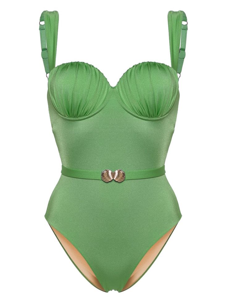 forest green stretch-design seashell clasp-detailing ruched detailing balconette style adjustable shoulder straps rear clasp fastening open back belted waist high cut full lining gold-tone hardware Be mindful to try on swimwear over your own garments. Luxury Fitted Swimwear For Summer, Elegant Green Fitted Swimwear, Elegant Green Swimwear For Party, Elegant Green Sleeveless Swimwear, Green Ruched Swimwear For Party, Elegant Ruched Polyamide Swimwear, Luxury Fitted Swimwear For Swimming, Luxury Fitted Swimwear For Pool, Swimsuit Green