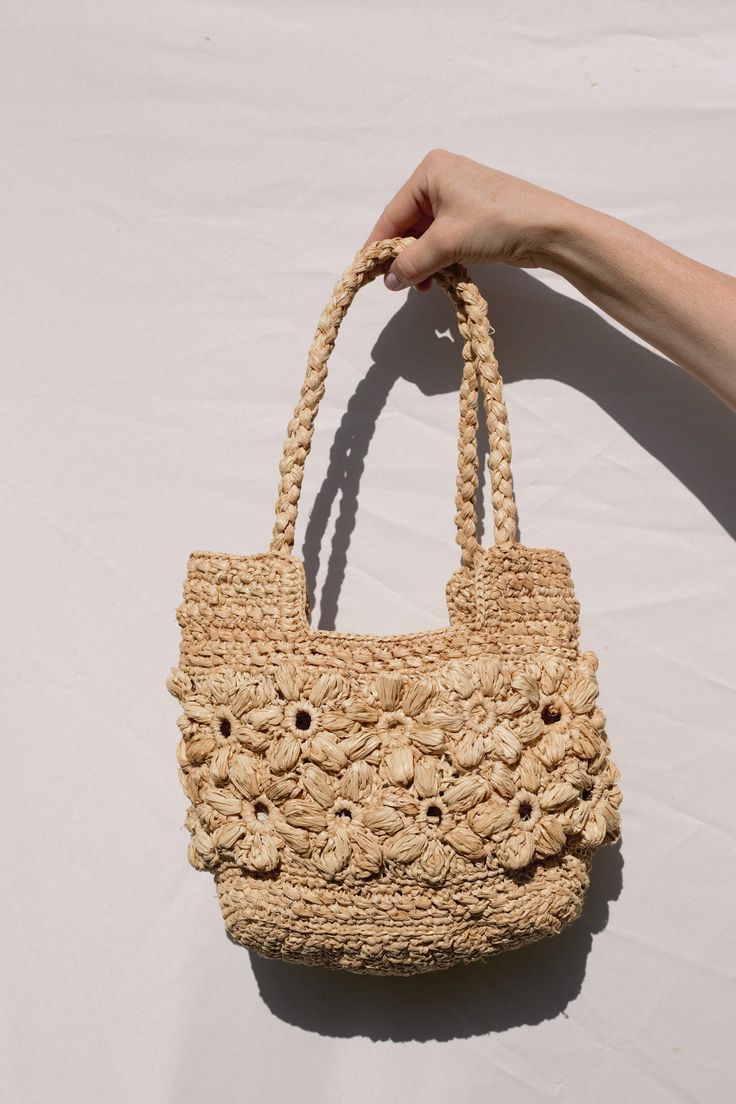 Sylvie, sylvie, sylvie... she is hand-crocheted with 100% natural biodegradable raffia. The cherry motif applique is made with 100% cotton yarn and raffia. Absolutely perfect straw basket to achieve that French it-girl look. Perfect tote bag shap to use it as you go through your days - for shopping, going to the beach or going out in the evenings. Natural product, and truly ethically made in Europe.    Size Height - approx. 23 cm Width at base - approx. 27 cm Handle drop - 22 cm   As this is 100% natural product made from plant fibres, there might be minimal variations in colour and size between individual items.   Please keep the bag away from fire. Care The bag can be ironed on a medium setting if it loses it shape. Just press gently with your iron on the inside of the bag. Processing ti Bohemian Beach Bag For Everyday Spring Use, Bohemian Spring Crochet Bucket Bag, Bohemian Crochet Bag For Spring, Spring Beige Basket Crochet Bag, Cream Jute Bags For Spring, Spring Beige Crochet Basket Bag, Summer Crochet Bag Of Natural Fiber For Everyday Use, Spring Woven Natural Fiber Shoulder Bag, Everyday Bohemian Crochet Bag For Summer