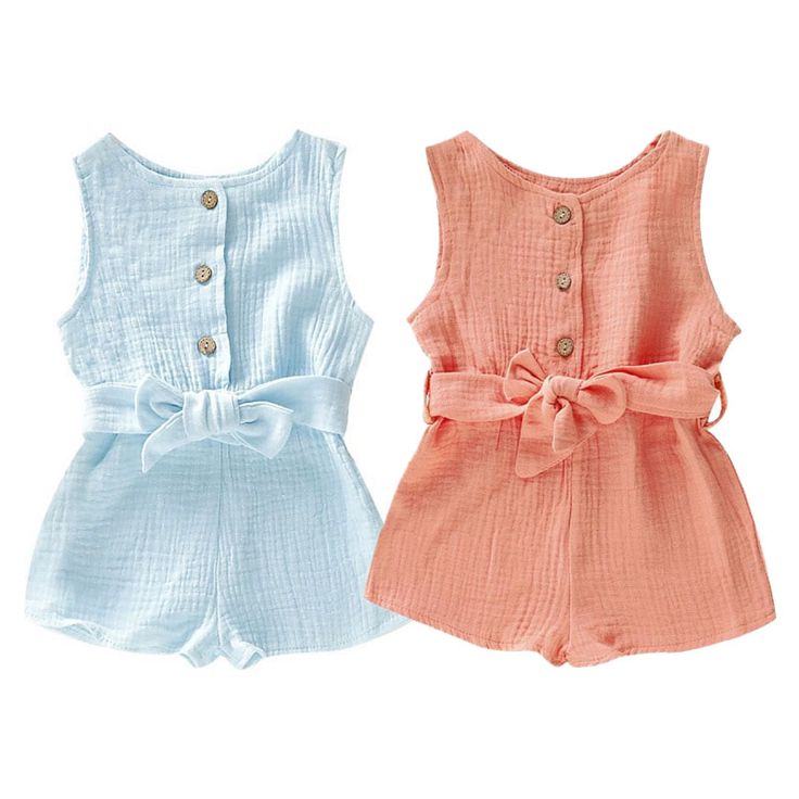 plain color button up romper | sleeveless one piece | ribbon bow belt for waist adjustment | soft cotton fabric | machine washable