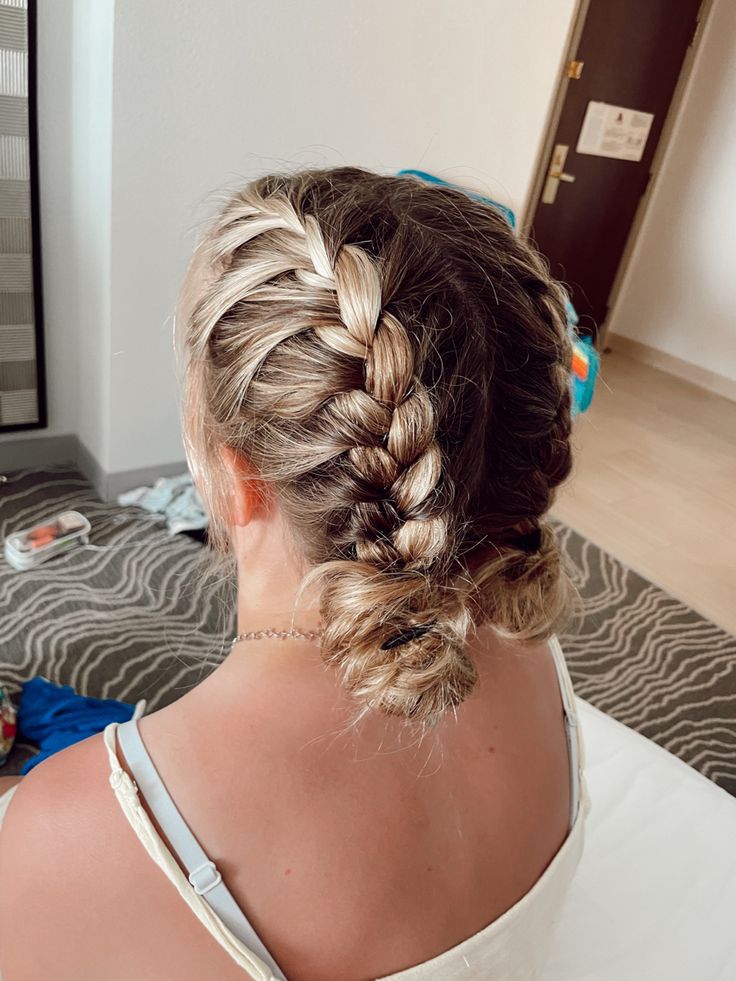 its a french braid that i put into a pigtail and then made the pigtail into a cute messy bun. then i pancaked the braid to make it look more loose and natural. (model: Cora) Dutch Braid Homecoming Hair, French Braid To A Bun, Braids To Messy Bun, French Braid To Messy Bun, French Braid With Messy Bun, Two French Braids For Short Hair, French Braid Into Messy Bun, Cute French Braids For Short Hair, French Braid To Pigtails