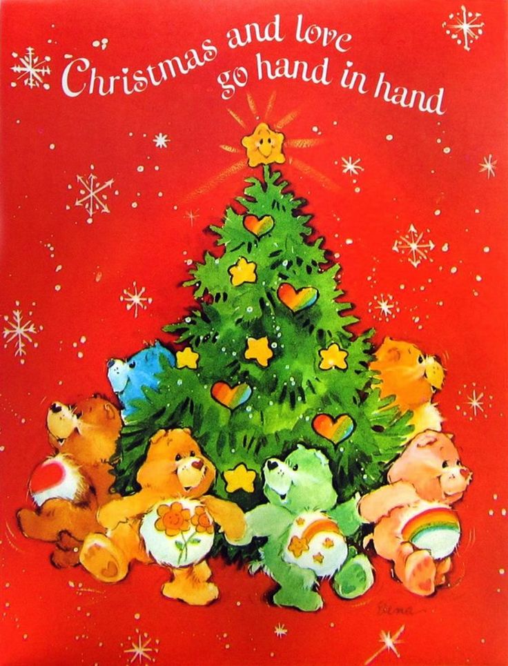 a christmas card with teddy bears around a tree and snowflakes on the background