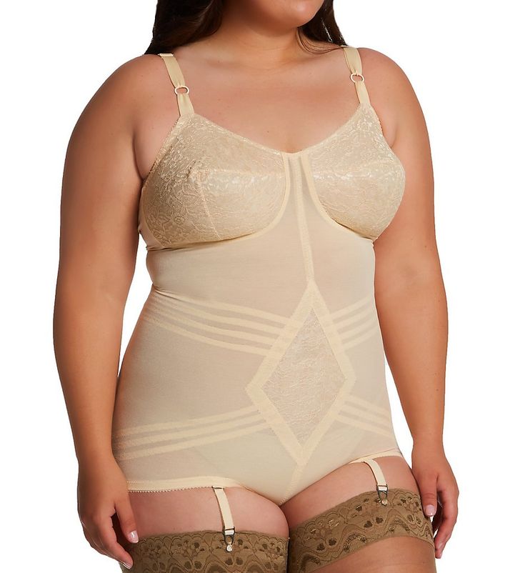 Powermesh body brief has pretty floral lace at wireless cups and Invisinet tummy tamer panel. Height can easily be adjusted by changing strap lengths and hook-and-eye crotch opening. Garters are removable. Seamed wireless cups have compressed fiberfill lining. Transversal seams create conical shape to breasts, while vertical seams give lift. Bra-sized cups give you the perfect fit. V-neckline has picot trim. Circling bands control hips, waist, and back. Firm nylon lace panel at center front is d Bra Friendly Fitted Full Cup Shapewear, Fitted Full Cup Bra Friendly Shapewear, Fitted Shapewear With Built-in Cups, Fitted Full Coverage Shapewear With Lace Trim, Shaping Shapewear With Lace Trim And Full Coverage, Girdles Shapewear, Vintage Girdle, Body Shapewear, Women In Lingerie