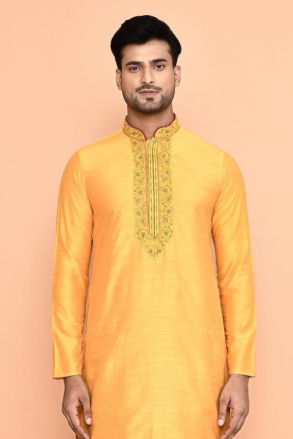 Yellow straight kurta with floral embroidered placket. Paired with a maroon draped dhoti pant. - Aza Fashions Navratri Slub Silk Traditional Wear With Embroidered Border, Ceremonial Sherwani With Embroidered Border For Festivals, Bollywood Style Slub Silk Sherwani For Festive Occasions, Bollywood Style Fitted Sherwani With Embroidered Border, Kurta With Resham Embroidery For Festivals, Silk Kurta With Embroidered Border For Diwali, Slub Silk Traditional Wear With Embroidered Border For Diwali, Diwali Silk Kurta With Embroidered Border, Traditional Fit Bollywood Kurta For Diwali