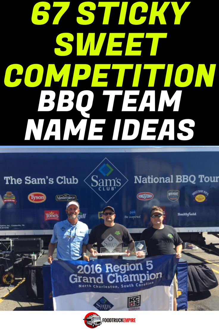 two men standing next to each other in front of a truck with the words bbq team name ideas