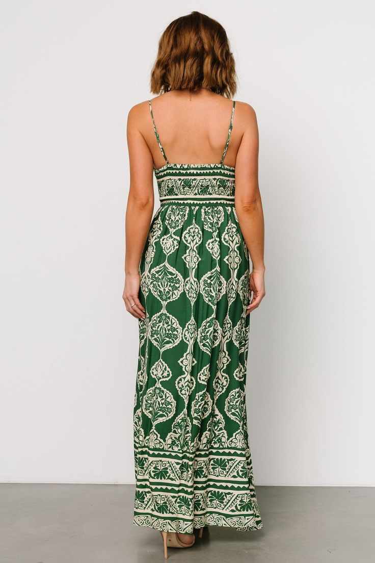 Davinah V Neck Maxi Dress | Green Print Green V-neck Maxi Dress With Smocked Back, Green Printed Summer Maxi Dress, Green Printed Maxi Dress For Day Out, Green Rayon Summer Maxi Dress, Green V-neck Maxi Dress For Vacation, Green Spaghetti Strap Dress With Smocked Back, Flowy Green Rayon Maxi Dress, Casual Green Rayon Maxi Dress, Green Maxi Sundress For Summer