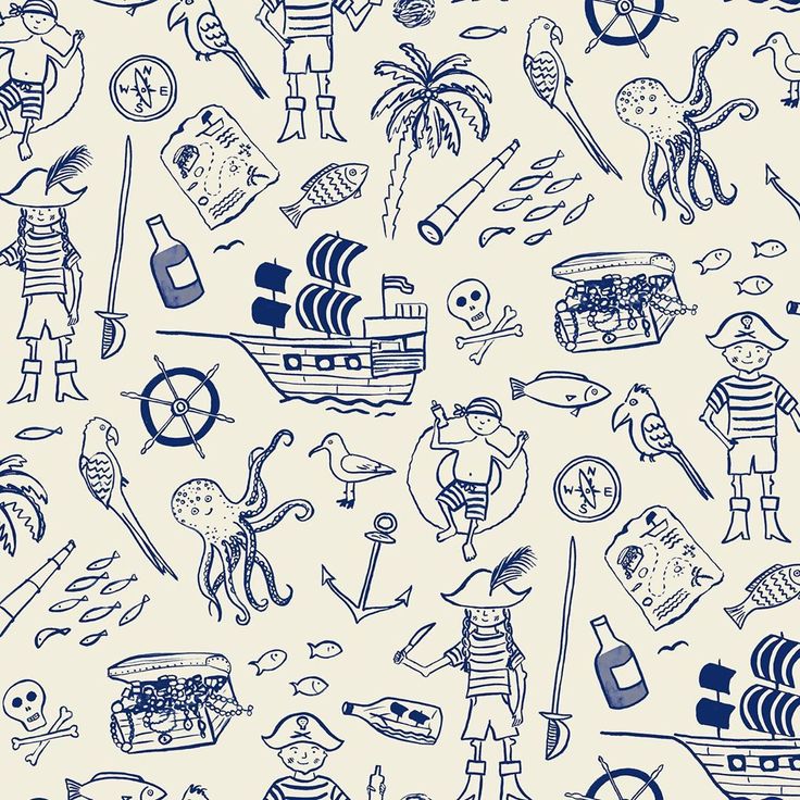 a blue and white drawing of various things in the ocean, including boats, ships, and people