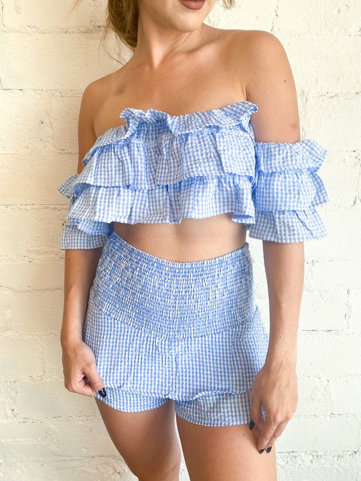 Aruba Top, Tops, Adeline, Adeline, dallas boutique, dallas texas, texas boutique, women's boutique dallas, adeline boutique, dallas boutique, trendy boutique, affordable boutique One Shoulder Tank, Gingham Print, Aruba, Teen Fashion, Off Shoulder Blouse, Gingham, Final Sale, Ruffles, Off Shoulder