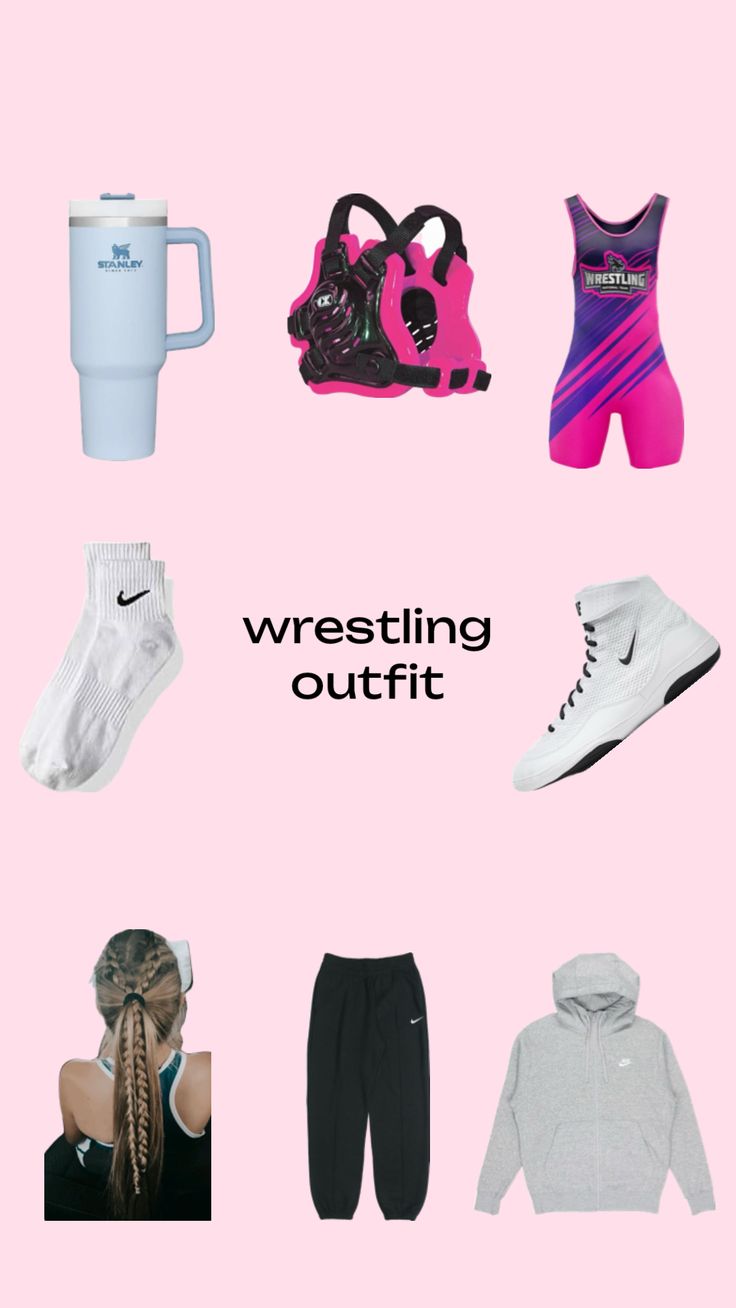 the words wrestling outfit are written in black on a pink background with various sports items