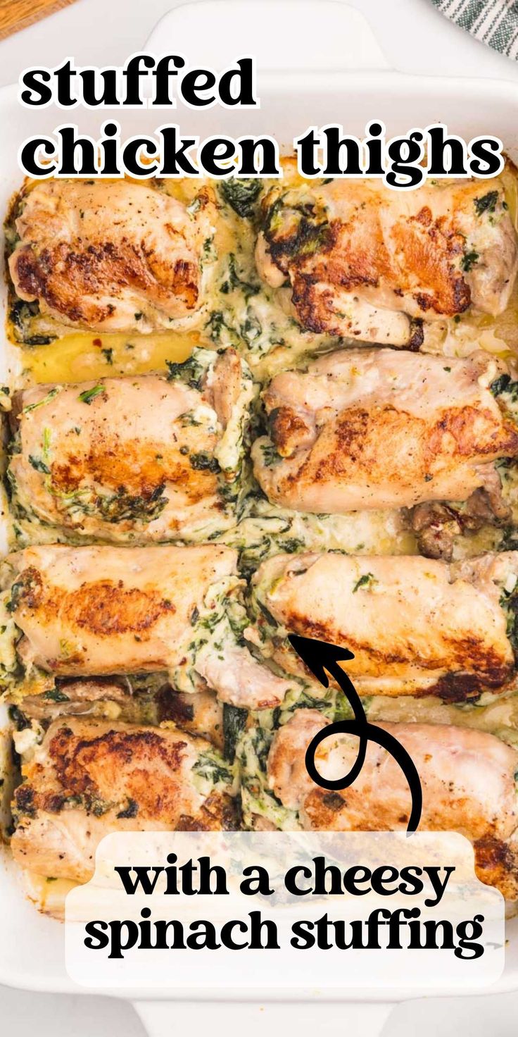 Nothing is as delicious as our stuffed chicken thighs with a creamy spinach and cheese filling. Serve over mashed potatoes or rice. Chicken Thigh With Spinach Recipes, Chicken Thigh Mashed Potatoes, Stuffed Chicken Thighs Recipes, Stuffed Chicken Thighs Baked, Stuffed Chicken Thigh Recipes, Stuffing Stuffed Chicken, One Sheet Meals, Keto Stuffed Chicken, Stuffed Chicken Thighs