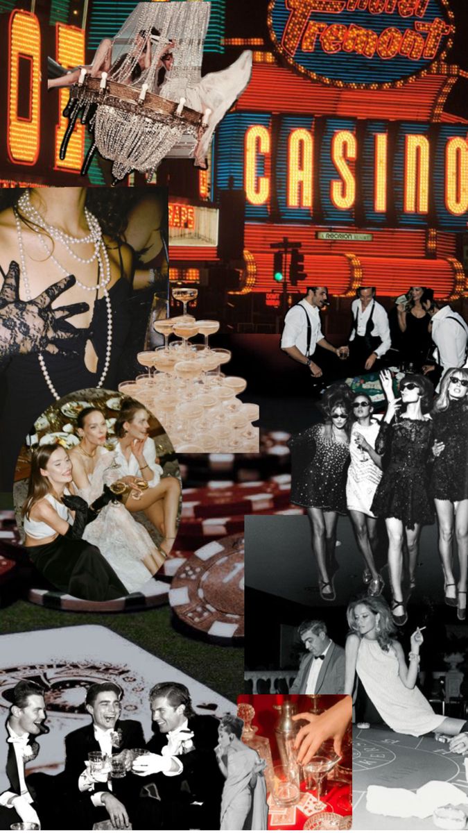 the collage shows people posing for pictures in front of casino signs and other items