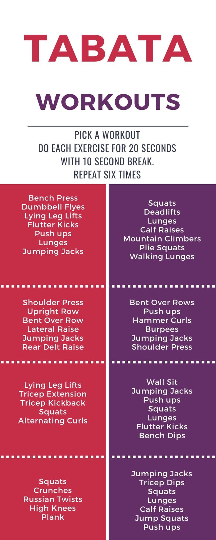 the tabata workout plan is shown in red, purple and blue with instructions for how to