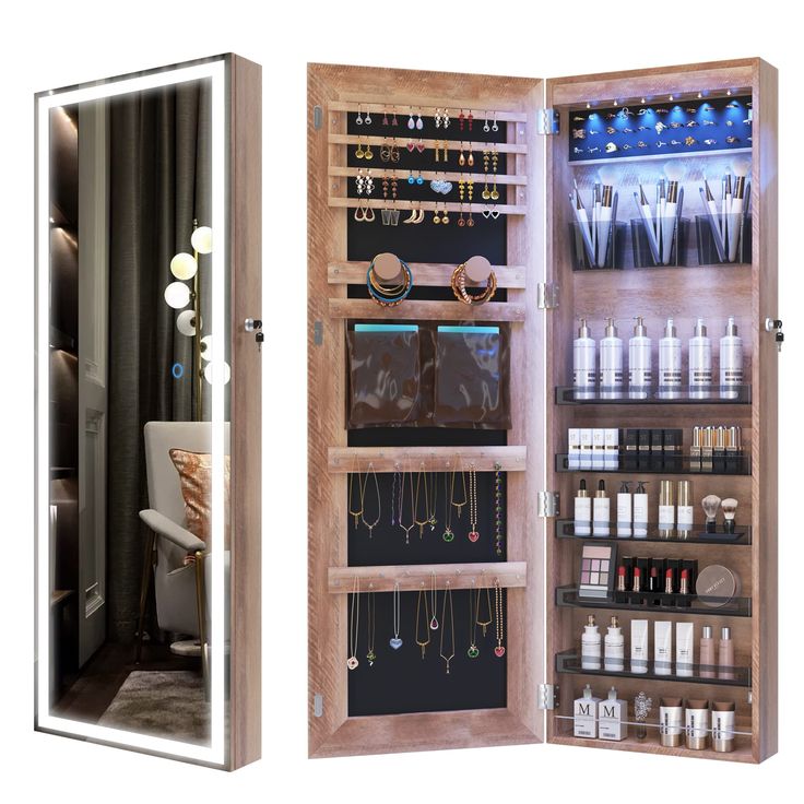 PRICES MAY VARY. 💗2-IN-1 DESIGN - It is not only a jewelry cabinet organizer, but also a full length mirror, which offers you a head-to-toe view of your outfit! The mirror's full screen design is very stylish and elegant, supports you to wear jewelry or check your makeup look before going out or attending the event. 💗3 COLOR & DIMMING LED - The mirror is controlled by a circular touch button on the screen, touch the switch to turn on the light, long press to adjust brightness. The white light Full Length Mirror With Lights, Long Mirror, Mirror Jewelry Storage, Mirror Jewellery Cabinet, Lockable Storage, Hanging Cabinet, Jewelry Organizer Storage, Body Mirror, Jewelry Mirror