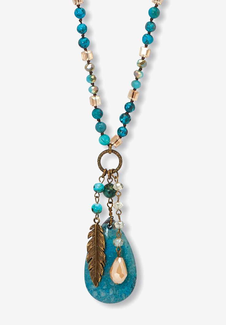 Show off your free-spirited style with our genuine blue jasper antiqued drop necklace. This bohemian necklace instantly adds interest to any outfit, by featuring a large jasper cabochon pendant, stone accent beads, and a feather charm. Goldtone. 34 inch length.FABRIC: GoldtoneMain Stone: 1 Special Cabachon Cut Genuine Blue Jasper, 54 mm x 30 mm56 Round Cabachon Cut Genuine Blue Jaspers, 6.25 mm x 6.25 mmDimensions: 30 mm wide x 34 inches long x 10 mm highIncludes gift box and drawstring pouch | Women's Genuine Jasper Antiqued Goldtone Boho Drop Necklace, 34 Inches by PalmBeach Jewelry in Blue Bohemian Teardrop Beaded Necklaces With Adjustable Fit, Bohemian Teardrop Beaded Necklaces, Bohemian Beaded Teardrop Turquoise Necklace, Bohemian Beaded Necklaces With Teardrop Natural Stones, Bohemian Adjustable Beaded Necklace With Teardrop Pendant, Adjustable Bohemian Beaded Necklace With Teardrop Pendant, Bohemian Turquoise Teardrop Pendant Necklace, Adjustable Bohemian Turquoise Necklace With Lobster Clasp, Adjustable Bohemian Turquoise Necklace