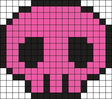 a pink and black skull made out of pixellated squares with white dots on it